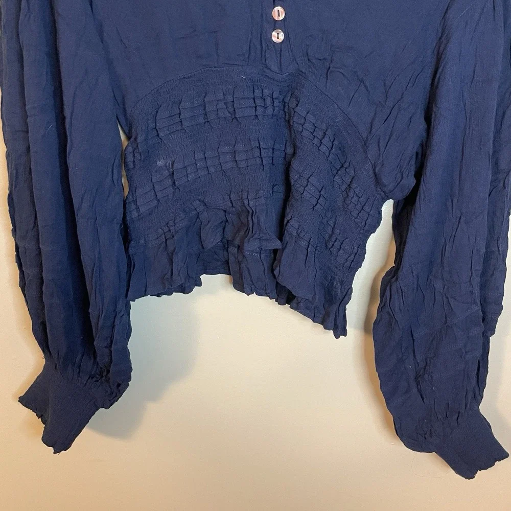 Free People Ruched‎ Puff Long Sleeve Blouse Navy Women's Size Small